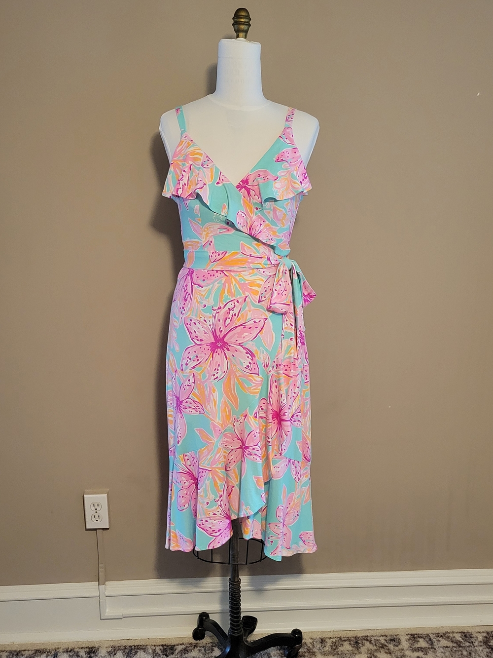Lilly Pulitzer Fontaine Midi Wrap Dress in Aqua and Pink Foral Print